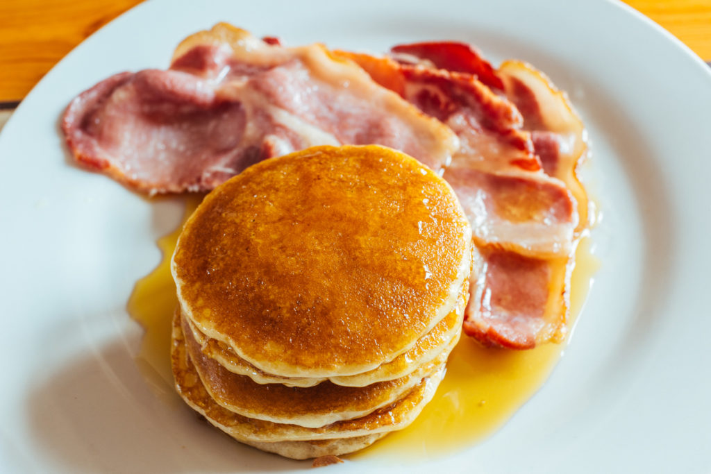 Bacon, pancakes, and maple syrup at The Mill