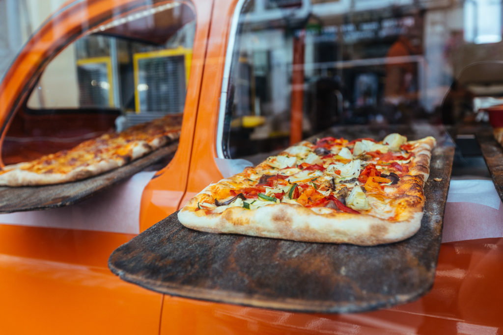 Pizza in a Fiat 500, Notting Hill