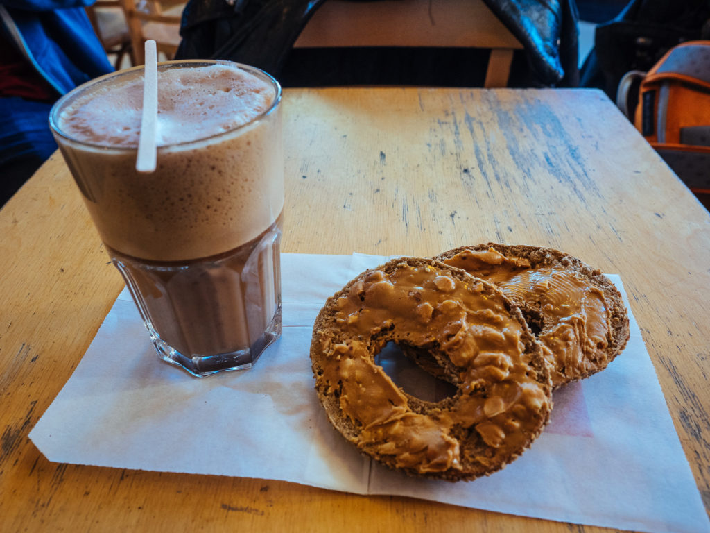 Peanut butter bagel and moccachino, Village Bagels, Bagel Espresso Bar in Amsterdam